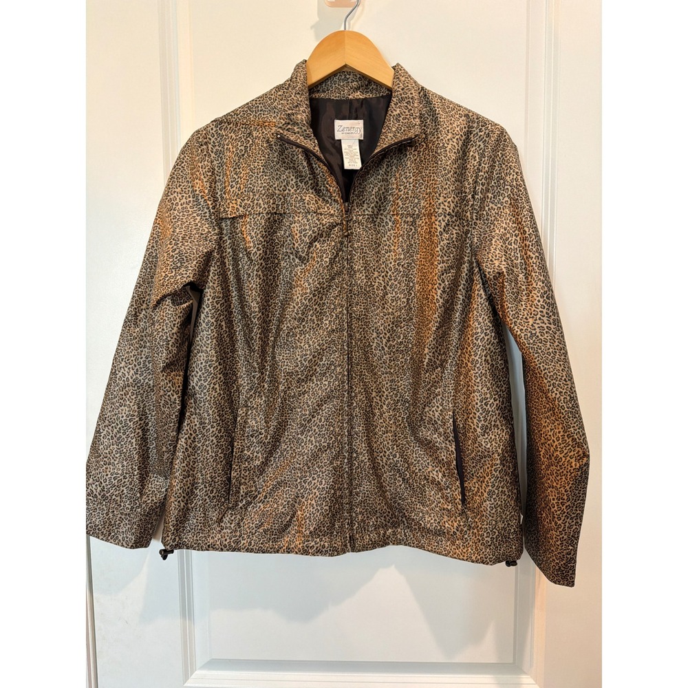 Chicos Zenergy Leopard Print Metallic Full Zip Jacket Windbreaker Brown Size 1